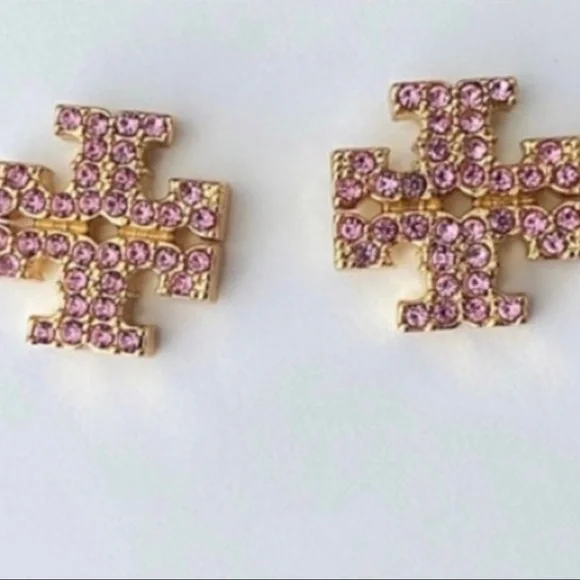 Tory Burch Gold Logo Pink Gemstone Stud Earrings - Picture 6 of 9